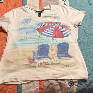 Karen Scott White Tee with Beach Print